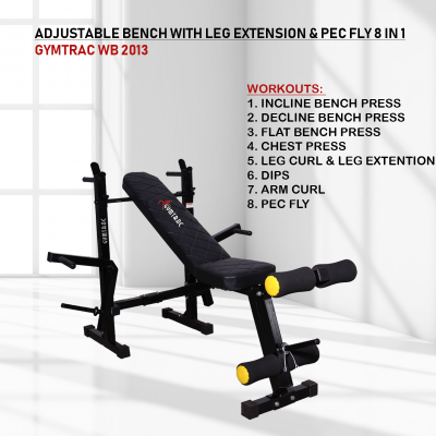 GYMTRAC WB 2013 ADJUSTABLE BENCH WITH LEG EXTENSION AND PEC FLY 8 IN 1